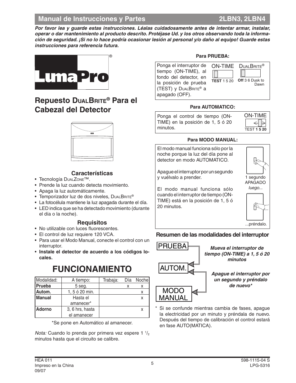 Funcionamiento, Repuesto d, Para el cabezal del detector | Prueba autom. modo manual, Manual de instrucciones y partes 2lbn3, 2lbn4 | Heath Zenith DualBrite Replacement Sensor Head 2LBN3 User Manual | Page 5 / 12