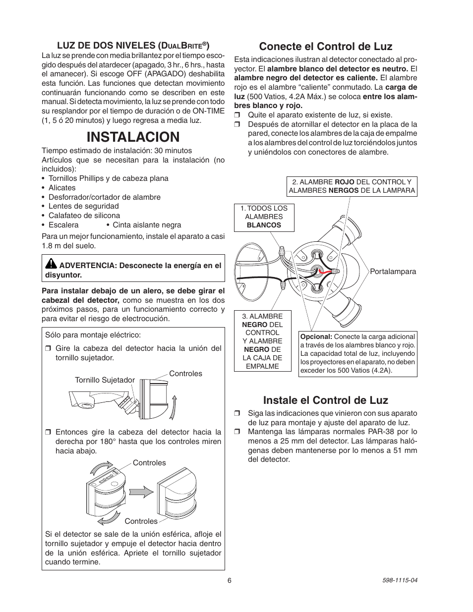 Instalacion, Conecte el control de luz, Instale el control de luz | Heath Zenith DualBrite Replacement Sensor Head 2LBN3 User Manual | Page 6 / 12