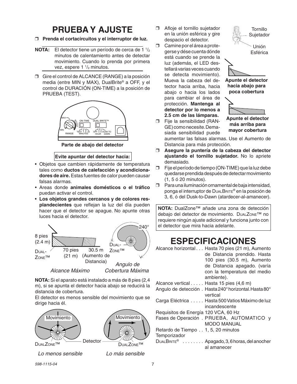 Especificaciones, Prueba y ajuste | Heath Zenith DualBrite Replacement Sensor Head 2LBN3 User Manual | Page 7 / 12