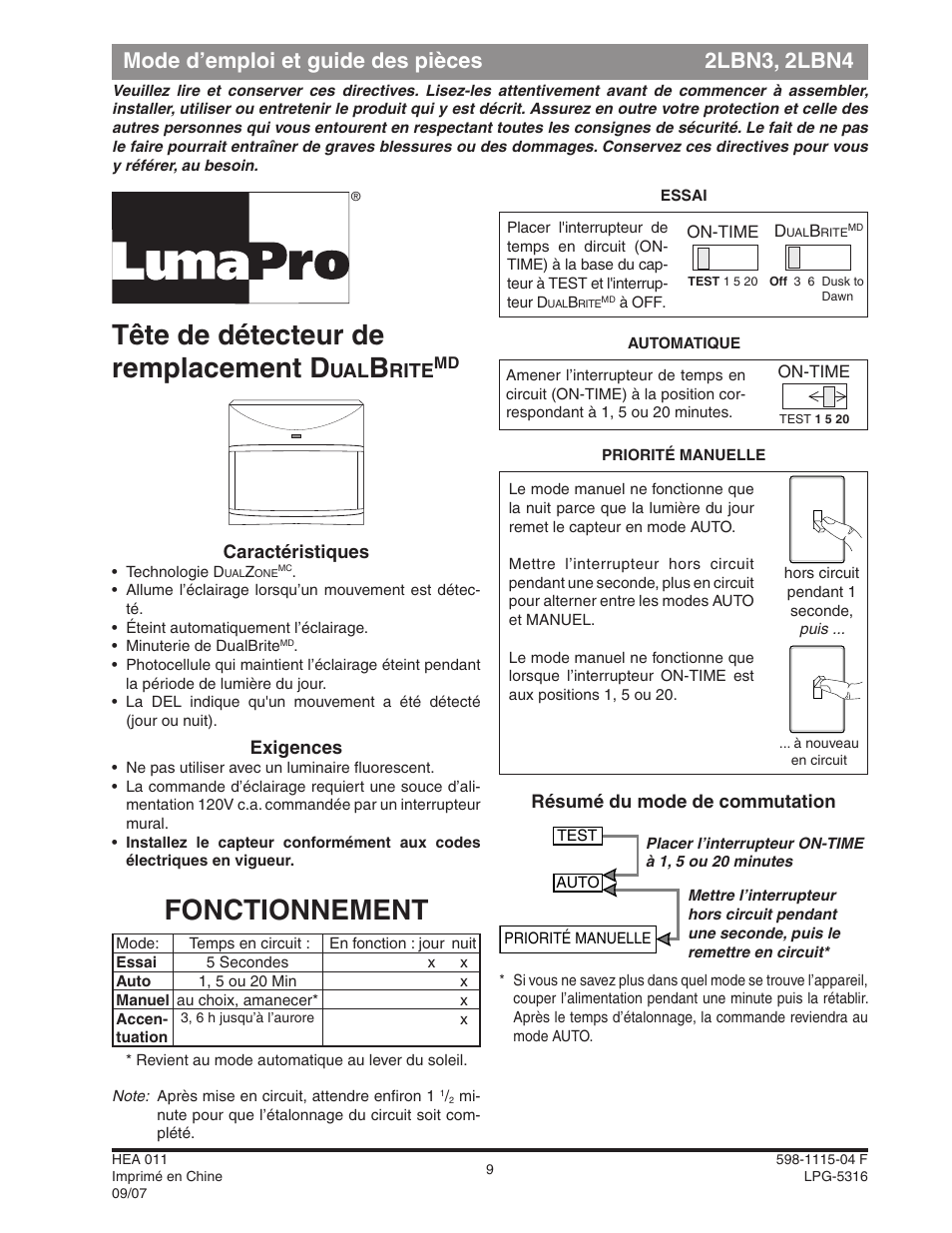 Tête de détecteur de remplacement d, Fonctionnement, Mode d’emploi et guide des pièces 2lbn3, 2lbn4 | Rite | Heath Zenith DualBrite Replacement Sensor Head 2LBN3 User Manual | Page 9 / 12