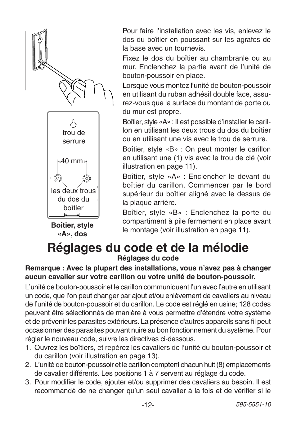 Réglages du code et de la mélodie | Heath Zenith Wireless Chime 595-5551-10 User Manual | Page 12 / 16