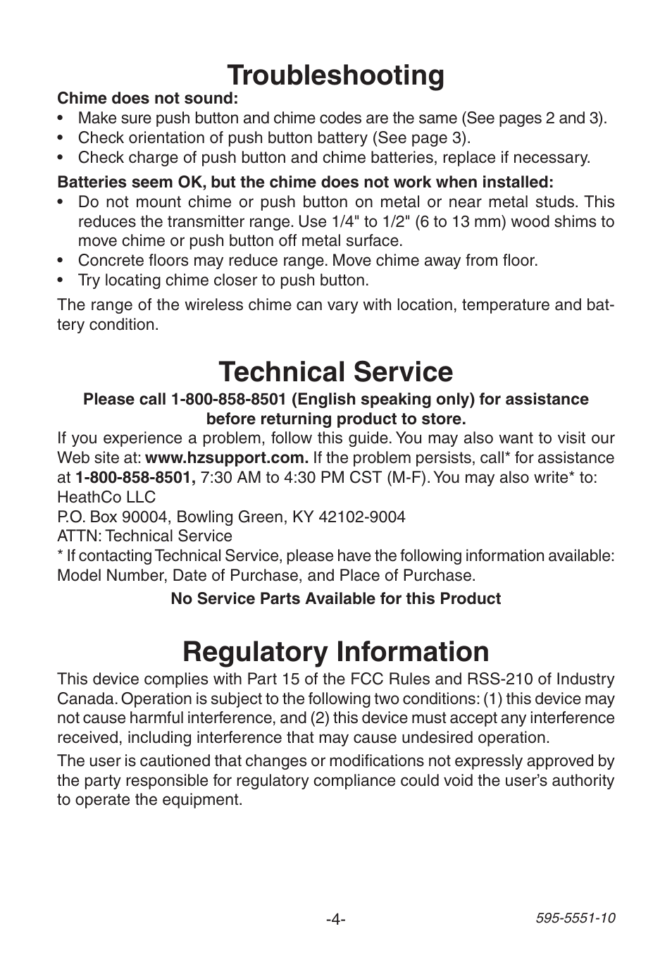 Troubleshooting, Regulatory information, Technical service | Heath Zenith Wireless Chime 595-5551-10 User Manual | Page 4 / 16