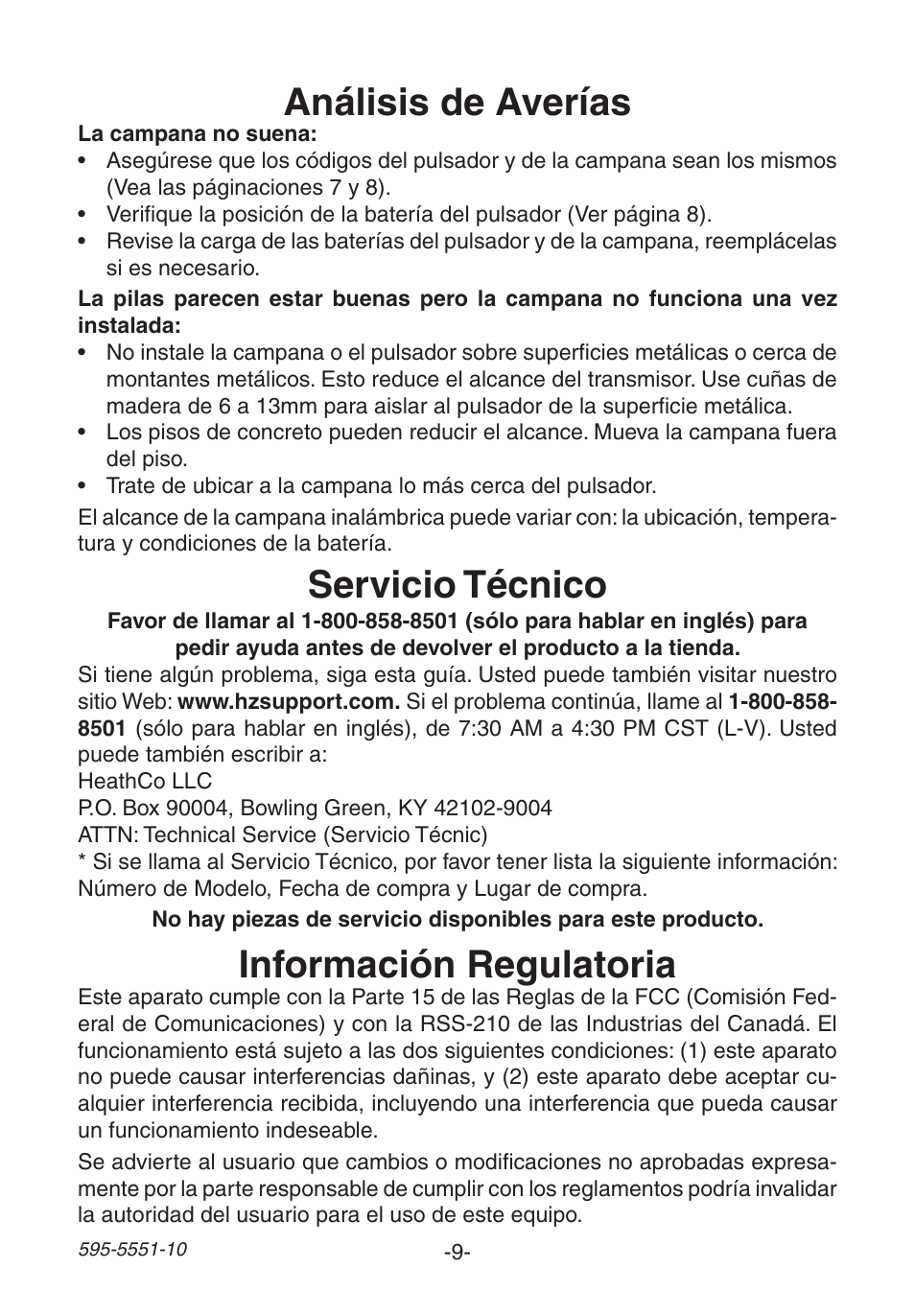 Análisis de averías, Información regulatoria, Servicio técnico | Heath Zenith Wireless Chime 595-5551-10 User Manual | Page 9 / 16