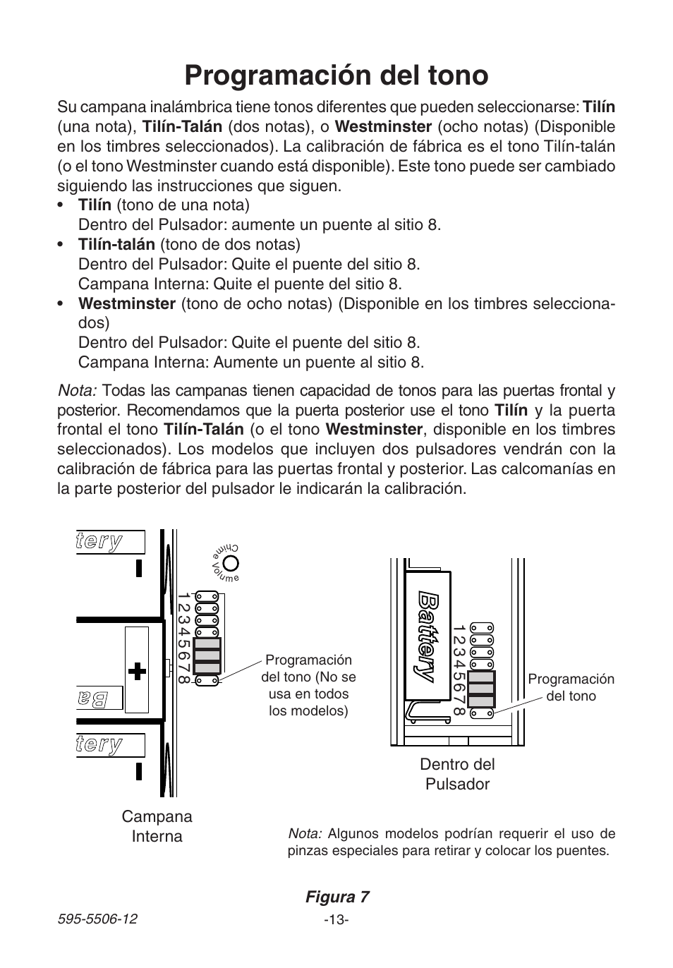 Programación del tono, Battery, Battery ba tte ry | Heath Zenith 6270 Series User Manual | Page 13 / 28