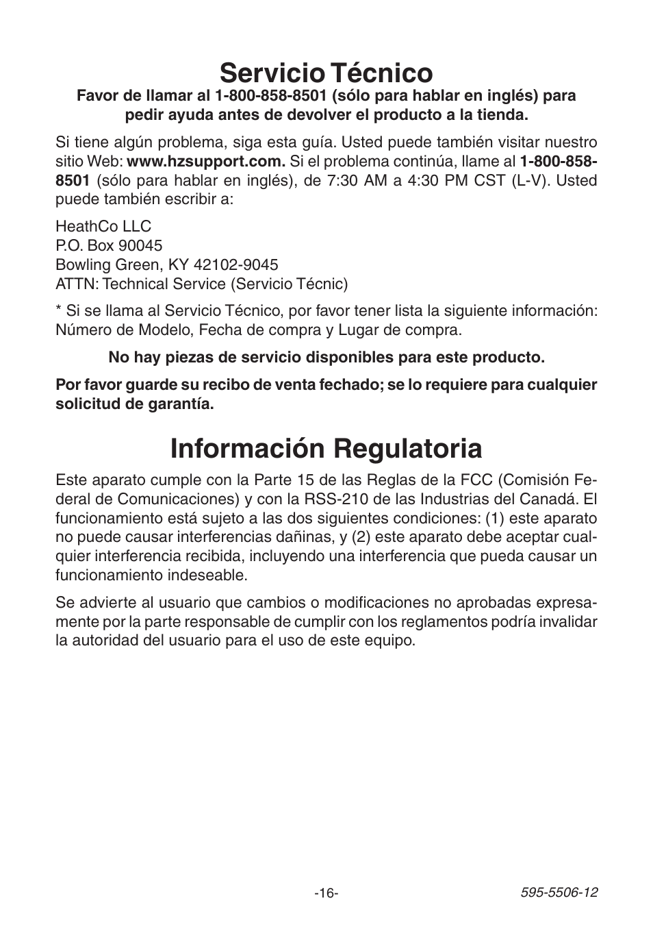 Servicio técnico, Información regulatoria | Heath Zenith 6270 Series User Manual | Page 16 / 28