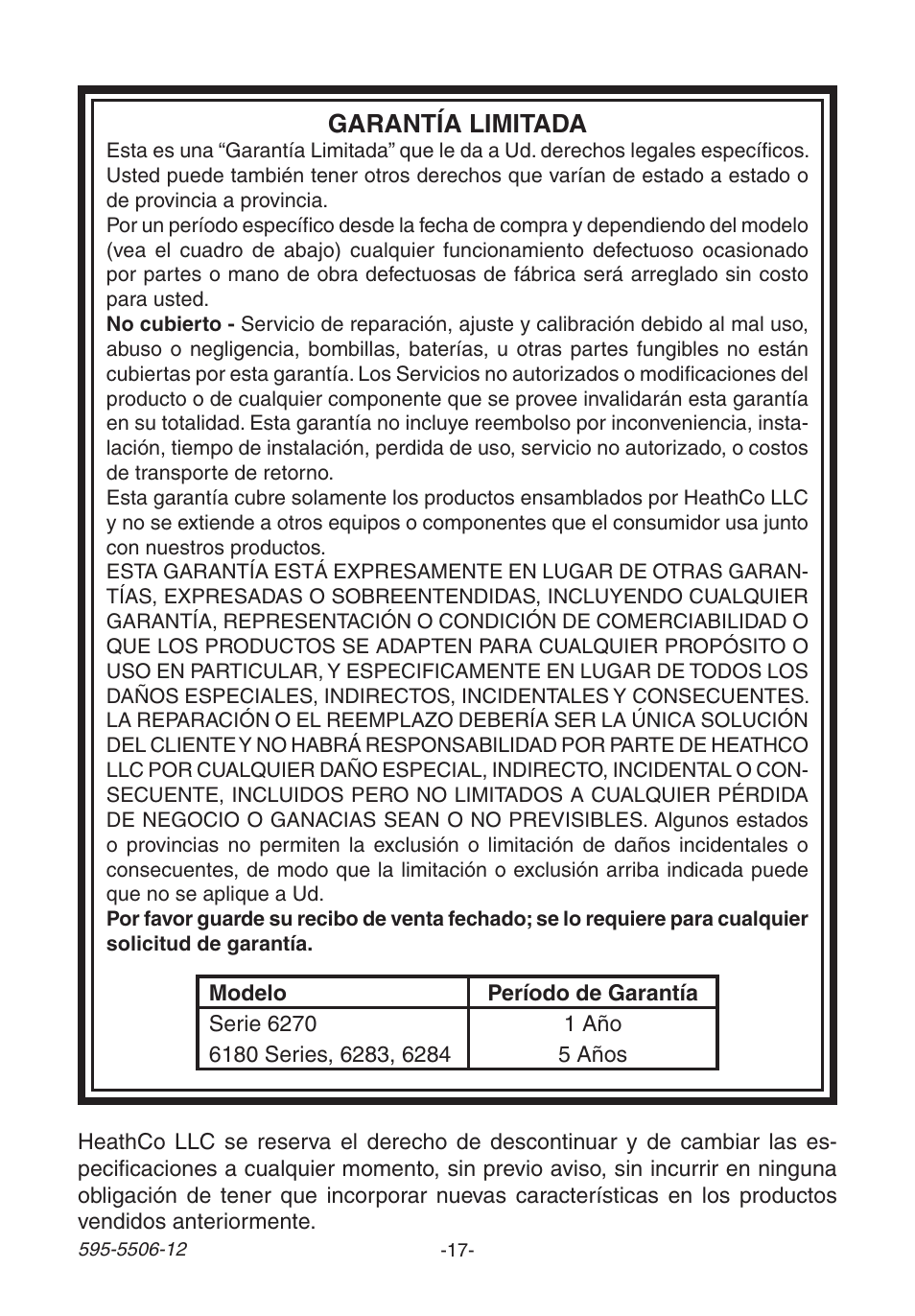 Garantía limitada | Heath Zenith 6270 Series User Manual | Page 17 / 28