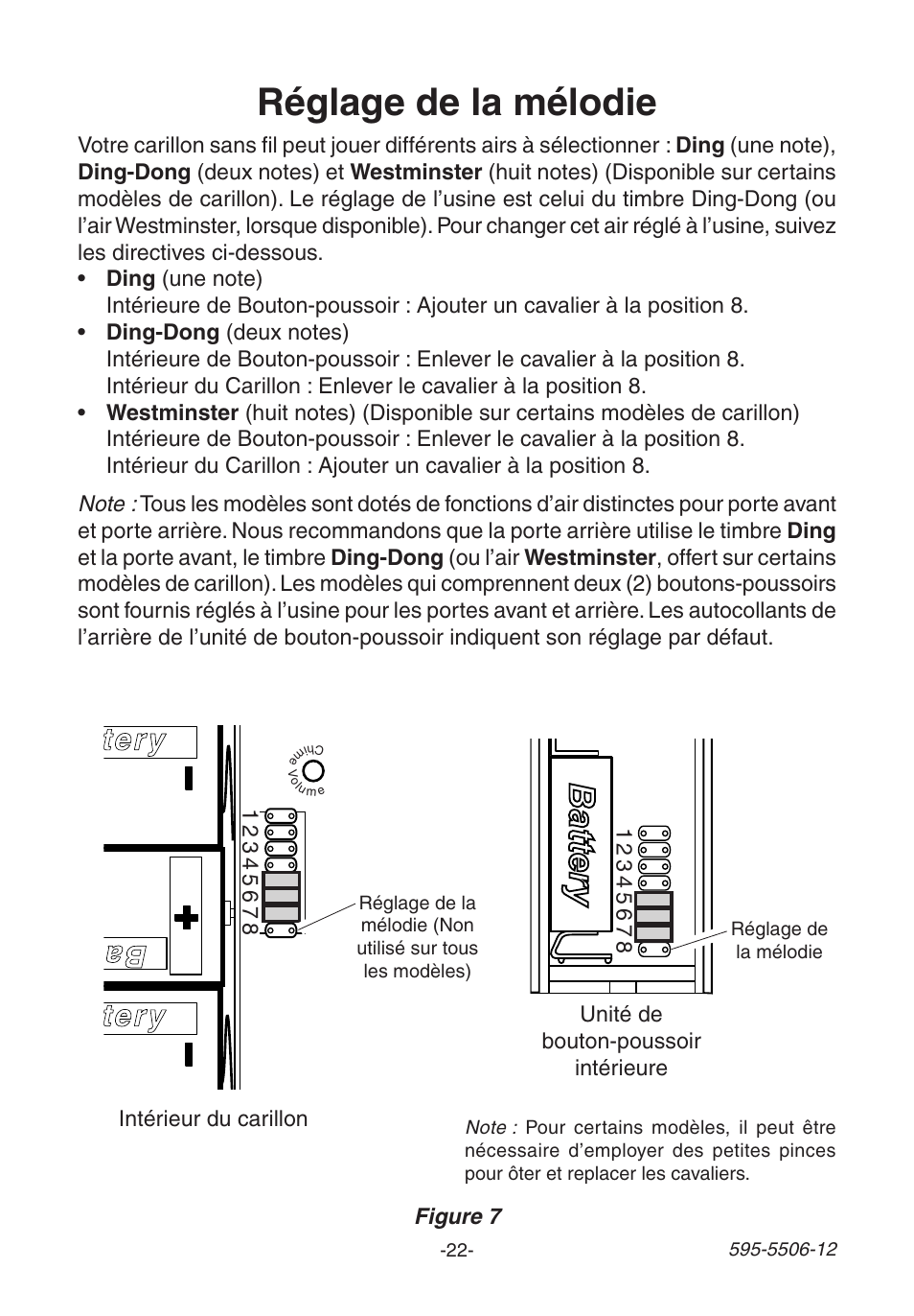 Réglage de la mélodie, Battery, Battery ba tte ry | Heath Zenith 6270 Series User Manual | Page 22 / 28