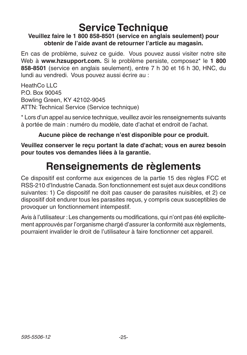 Service technique, Renseignements de règlements | Heath Zenith 6270 Series User Manual | Page 25 / 28