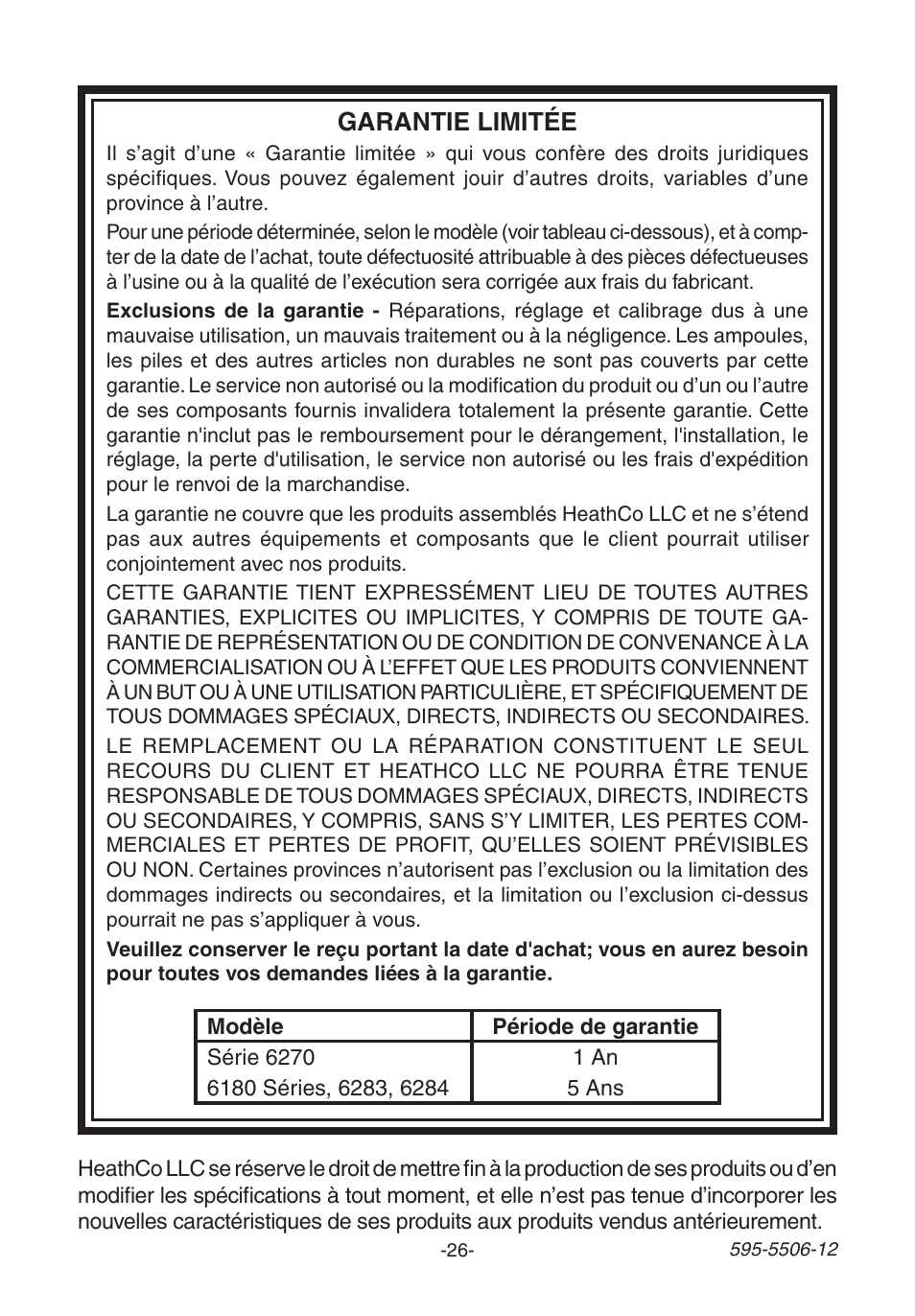 Garantie limitée | Heath Zenith 6270 Series User Manual | Page 26 / 28