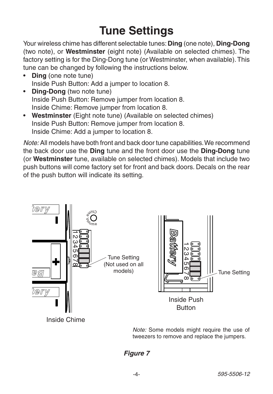 Tune settings, Battery, Battery ba tte ry | Heath Zenith 6270 Series User Manual | Page 4 / 28