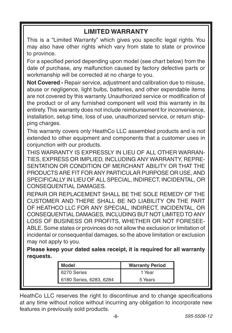 Limited warranty | Heath Zenith 6270 Series User Manual | Page 8 / 28