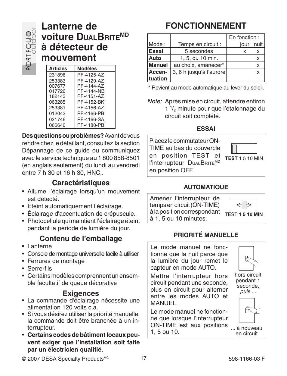 Lanterne de voiture d, À détecteur de mouvement, Fonctionnement | Caractéristiques, Contenu de l’emballage, Exigences | Heath Zenith Dual Brite PF-4144-AZ User Manual | Page 17 / 24