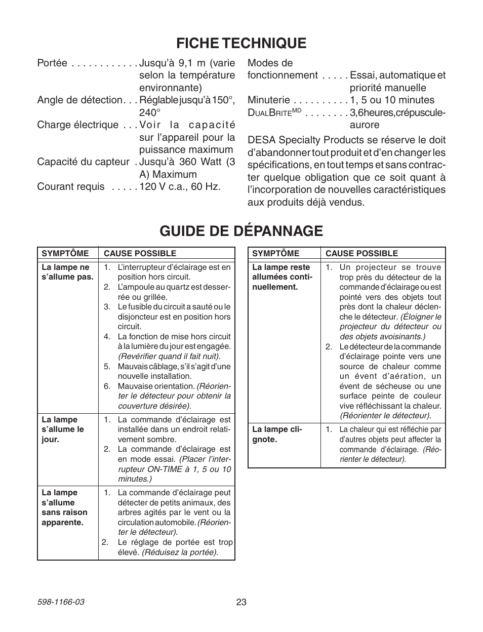 Guide de dépannage, Fiche technique | Heath Zenith Dual Brite PF-4144-AZ User Manual | Page 23 / 24