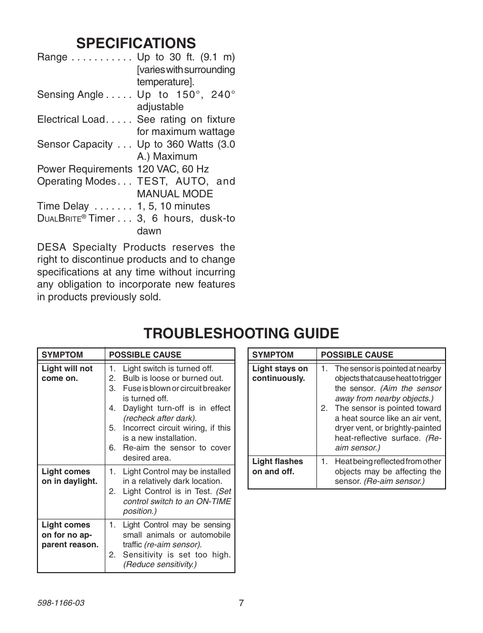 Specifications, Troubleshooting guide | Heath Zenith Dual Brite PF-4144-AZ User Manual | Page 7 / 24