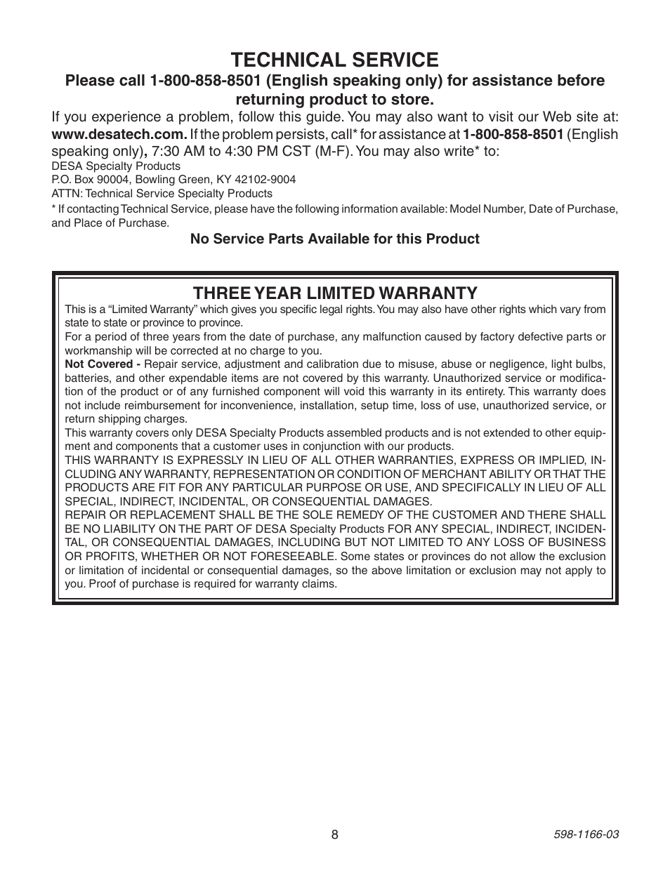 Technical service, Three year limited warranty | Heath Zenith Dual Brite PF-4144-AZ User Manual | Page 8 / 24