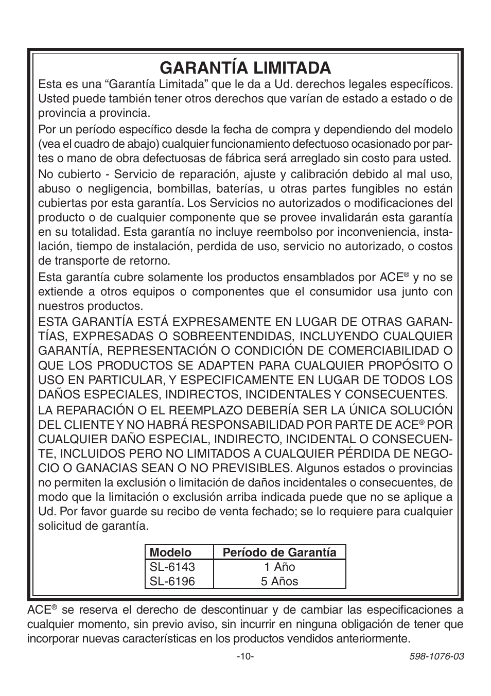 Garantía limitada | Heath Zenith 3106978 (AC-6196) User Manual | Page 10 / 16