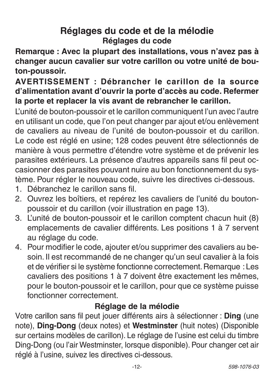 Réglages du code et de la mélodie | Heath Zenith 3106978 (AC-6196) User Manual | Page 12 / 16