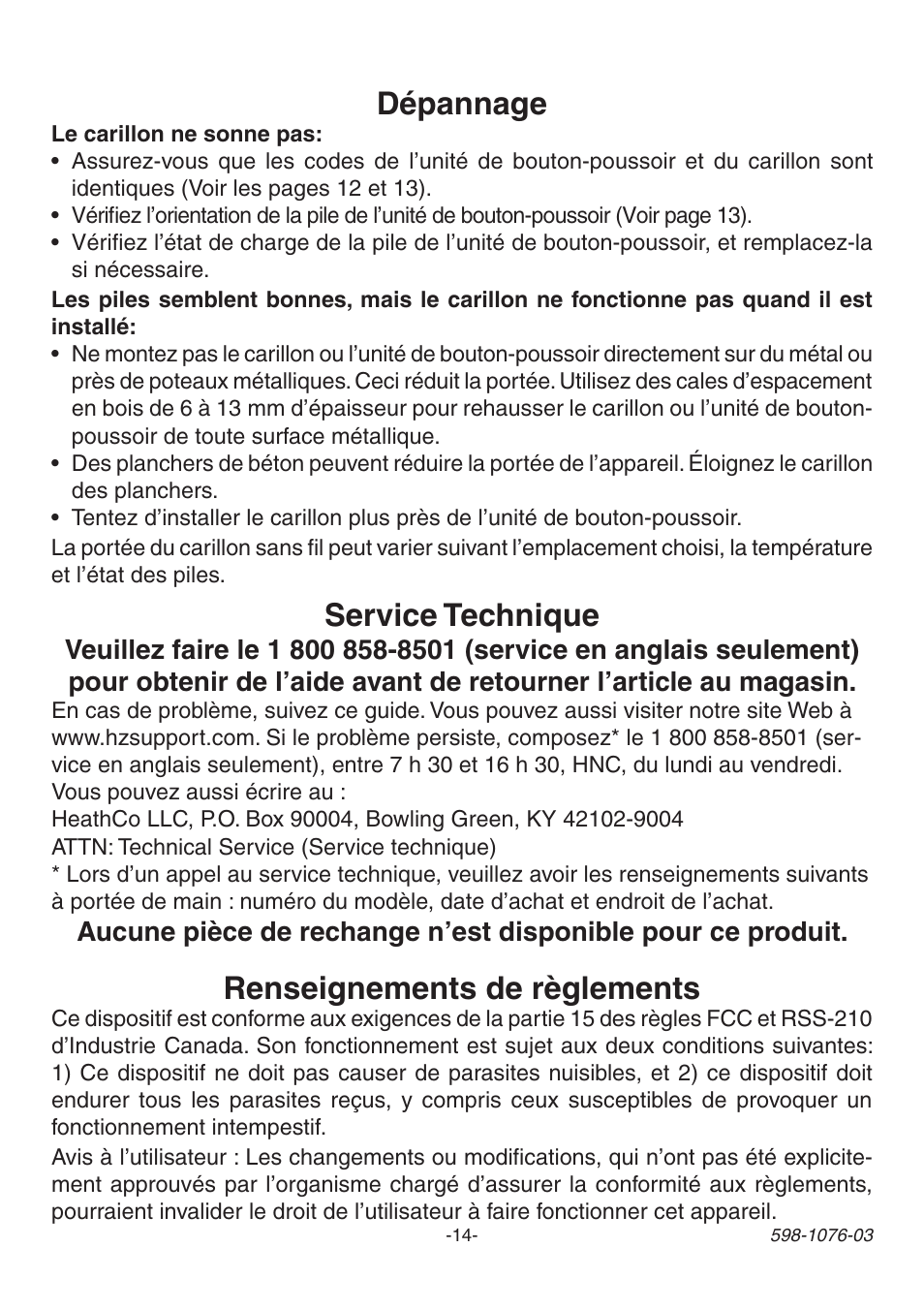 Dépannage, Service technique, Renseignements de règlements | Heath Zenith 3106978 (AC-6196) User Manual | Page 14 / 16