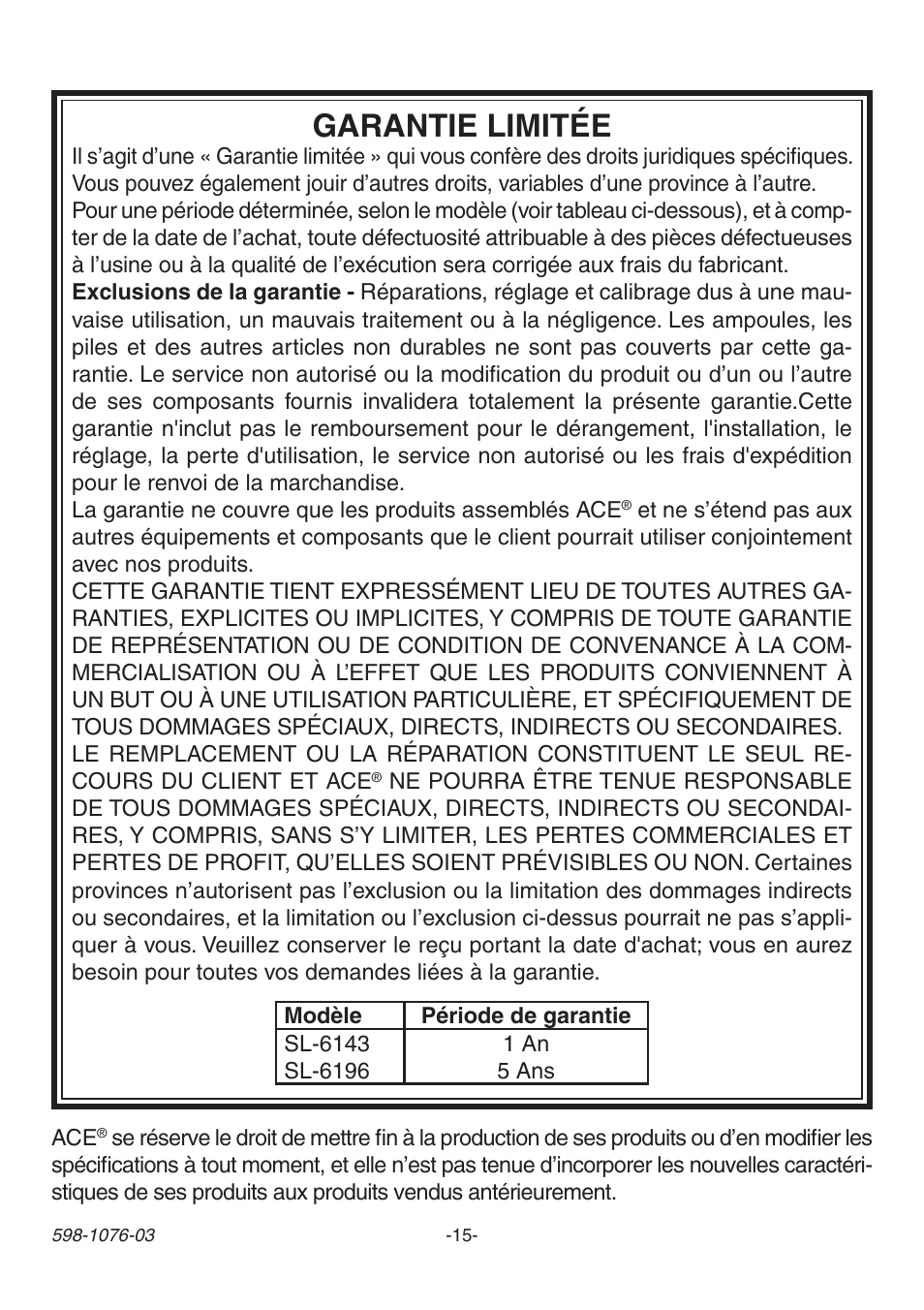 Garantie limitée | Heath Zenith 3106978 (AC-6196) User Manual | Page 15 / 16