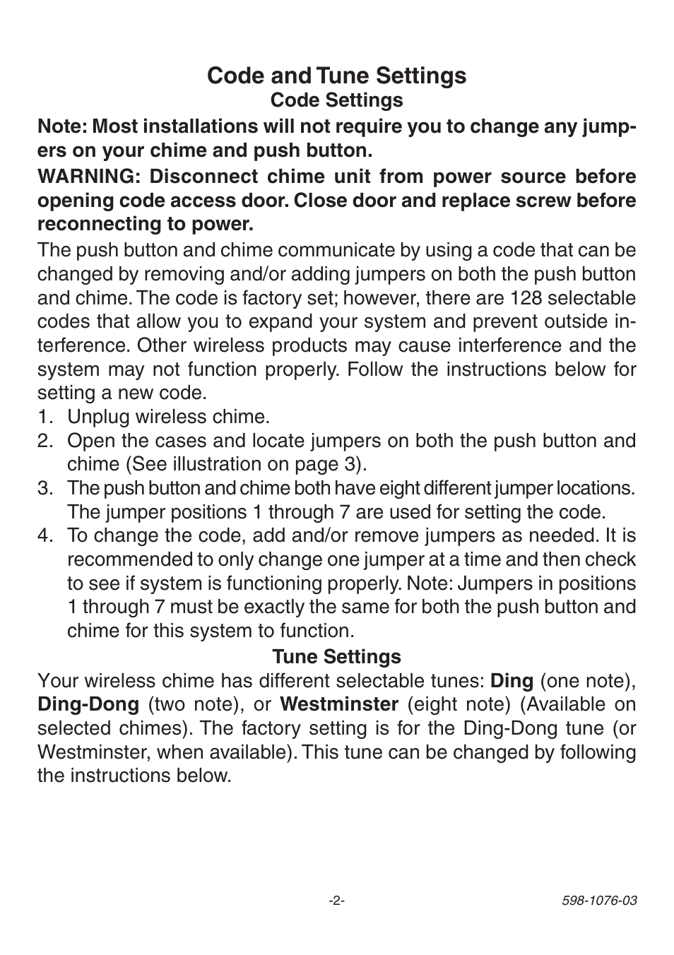 Code and tune settings | Heath Zenith 3106978 (AC-6196) User Manual | Page 2 / 16