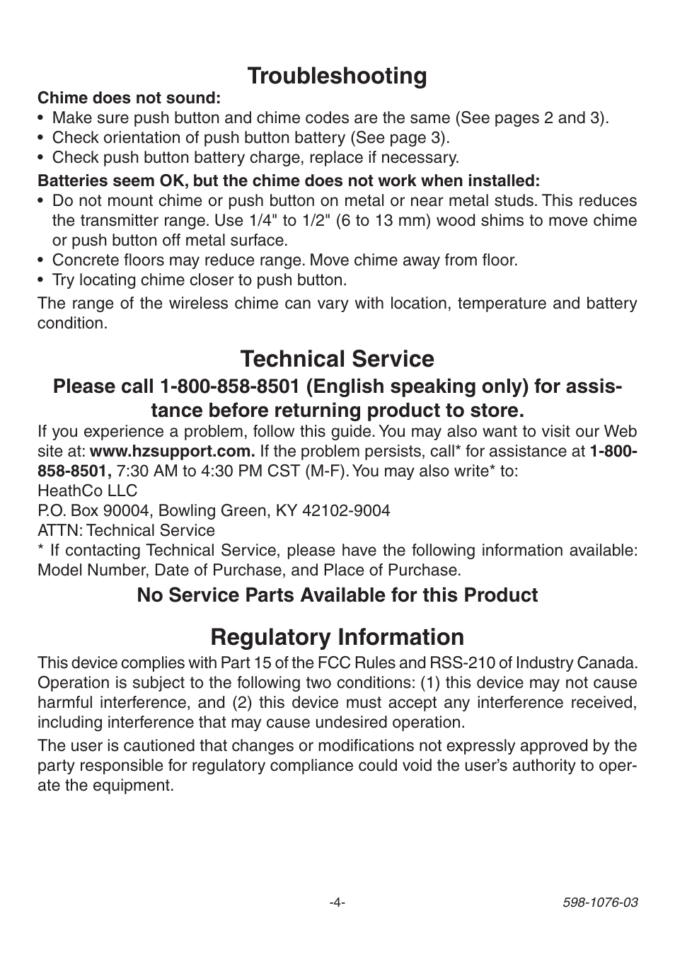 Troubleshooting, Regulatory information, Technical service | Heath Zenith 3106978 (AC-6196) User Manual | Page 4 / 16