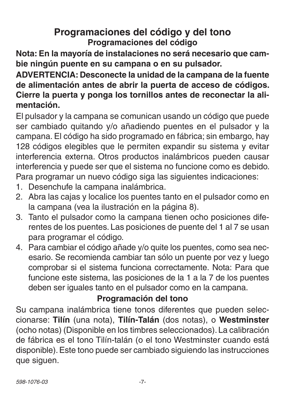 Programaciones del código y del tono | Heath Zenith 3106978 (AC-6196) User Manual | Page 7 / 16