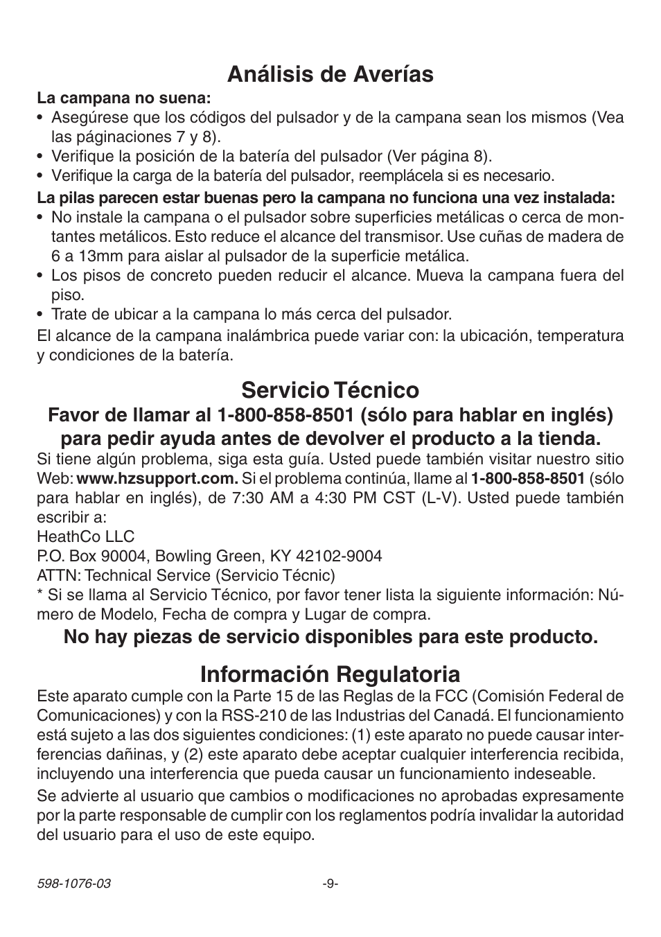 Análisis de averías, Servicio técnico, Información regulatoria | Heath Zenith 3106978 (AC-6196) User Manual | Page 9 / 16