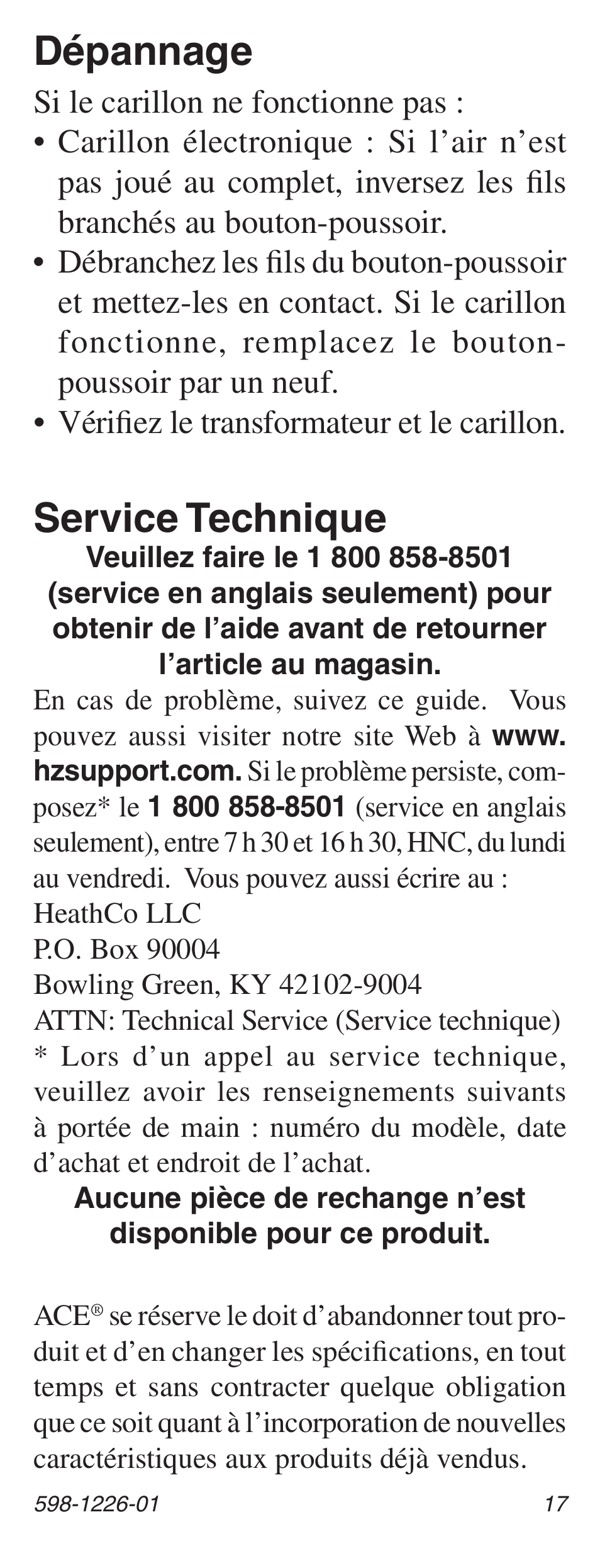 Dépannage, Service technique | Heath Zenith LED Lighted Pushbutton with Courtesy Light 598-1226-01 User Manual | Page 17 / 20