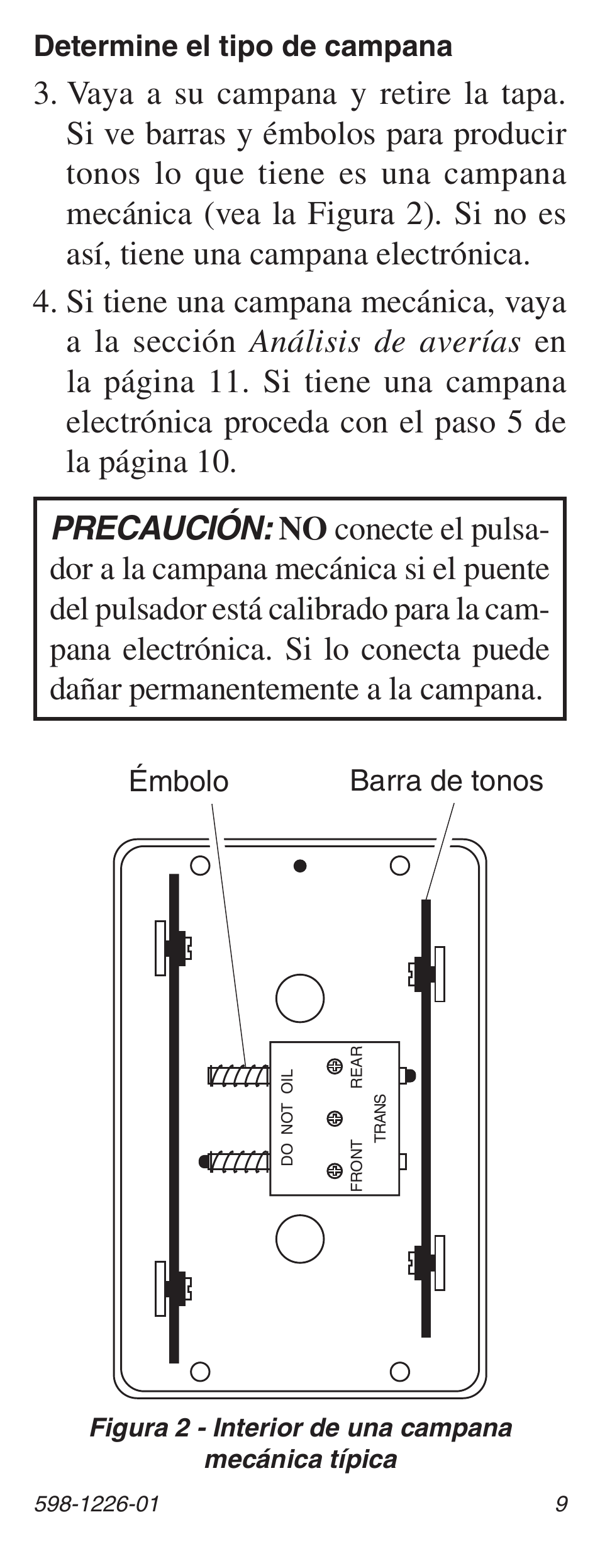 Barra de tonos, Émbolo determine el tipo de campana | Heath Zenith LED Lighted Pushbutton with Courtesy Light 598-1226-01 User Manual | Page 9 / 20