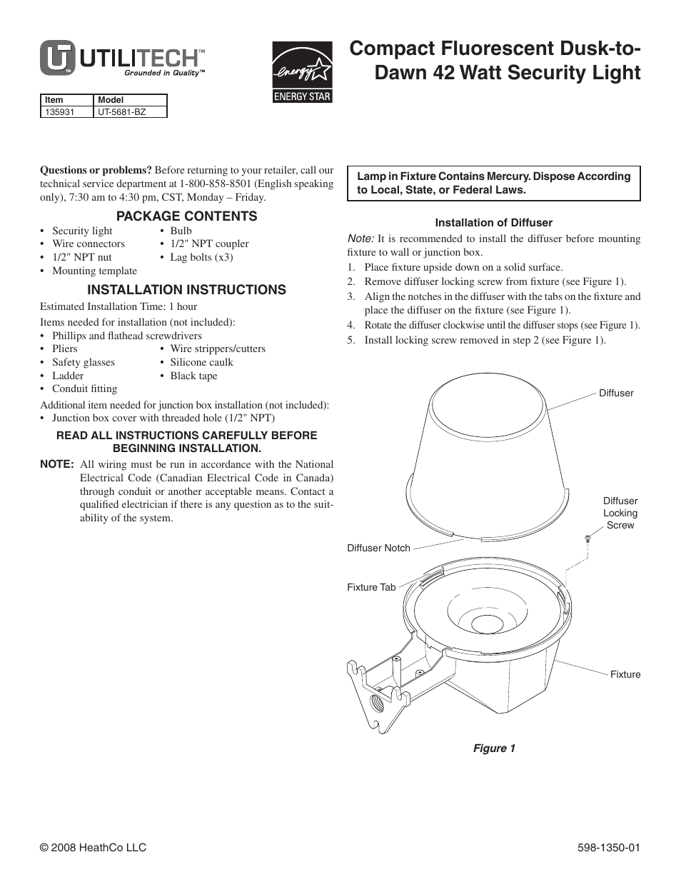 Heath Zenith Utilitech UT-5681-BZ User Manual | 8 pages