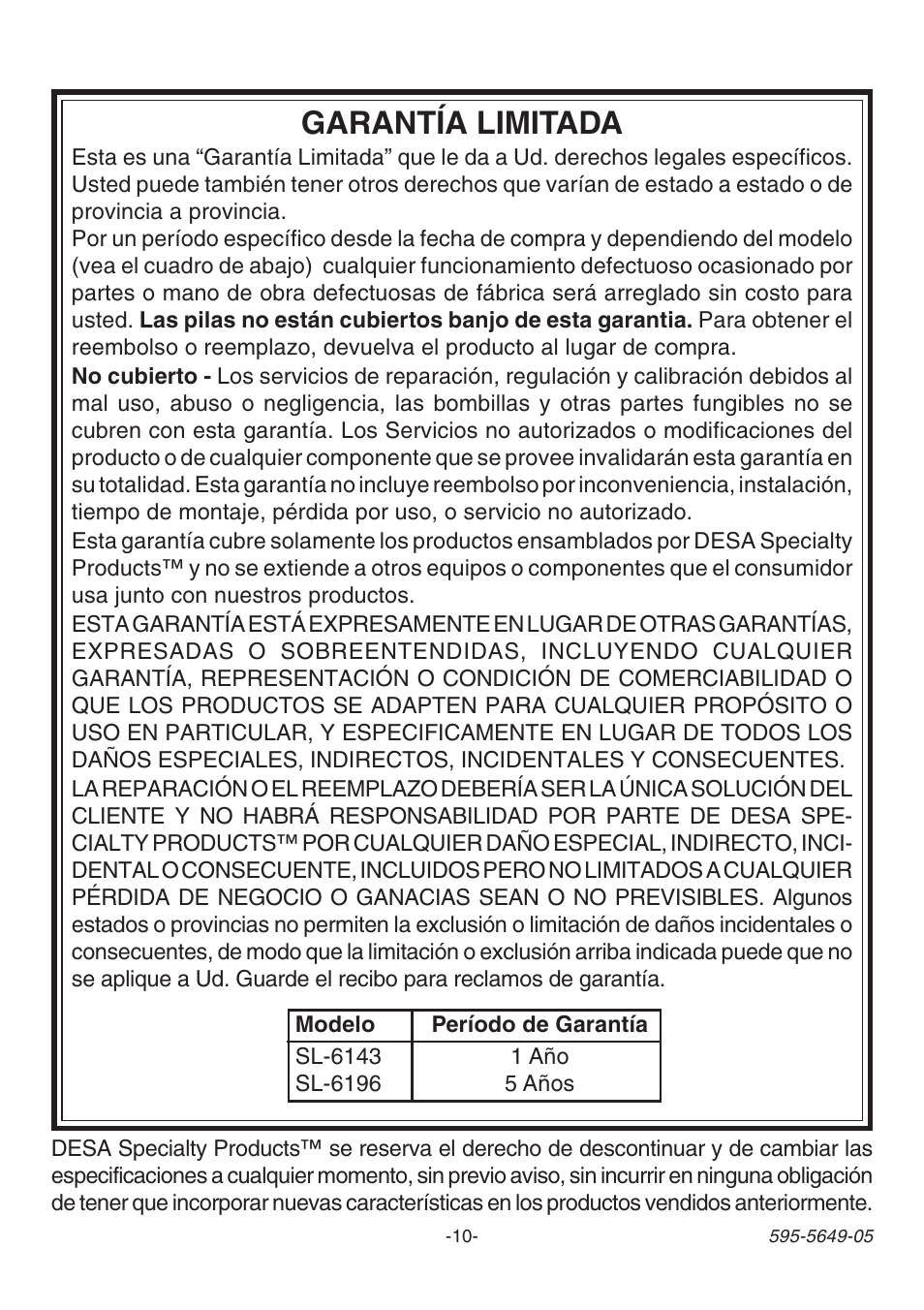 Garantía limitada | Heath Zenith SL-6143 User Manual | Page 10 / 16