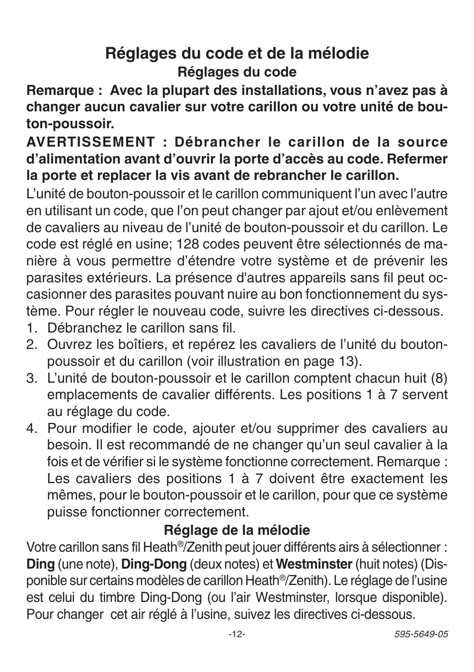 Réglages du code et de la mélodie | Heath Zenith SL-6143 User Manual | Page 12 / 16