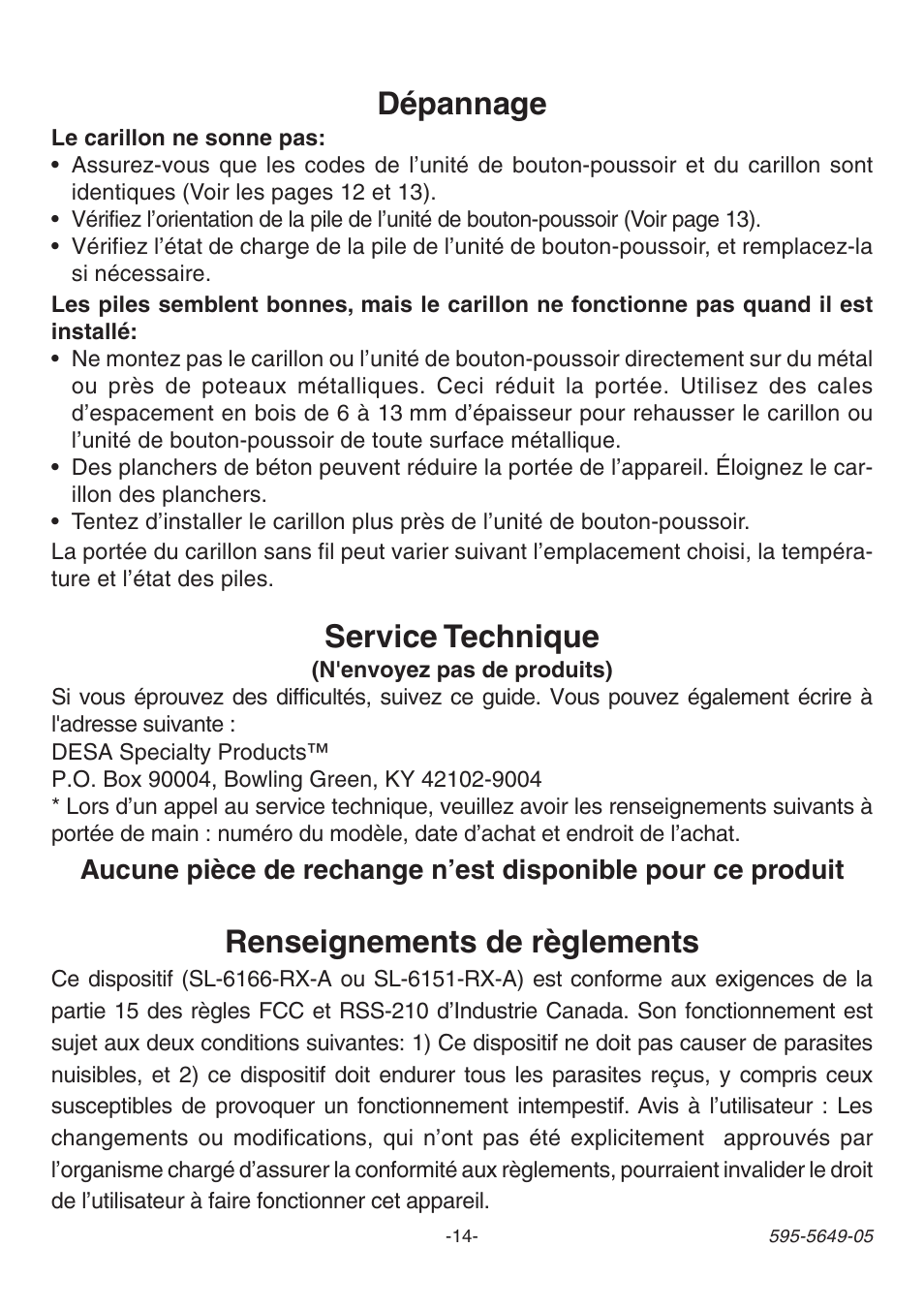 Dépannage, Renseignements de règlements, Service technique | Heath Zenith SL-6143 User Manual | Page 14 / 16