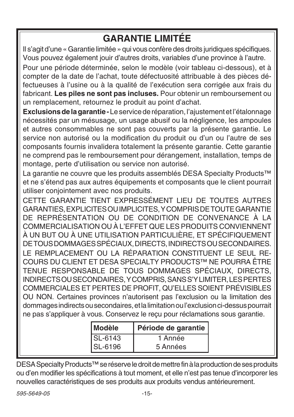 Garantie limitée | Heath Zenith SL-6143 User Manual | Page 15 / 16