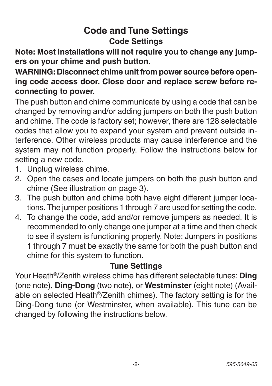 Code and tune settings | Heath Zenith SL-6143 User Manual | Page 2 / 16