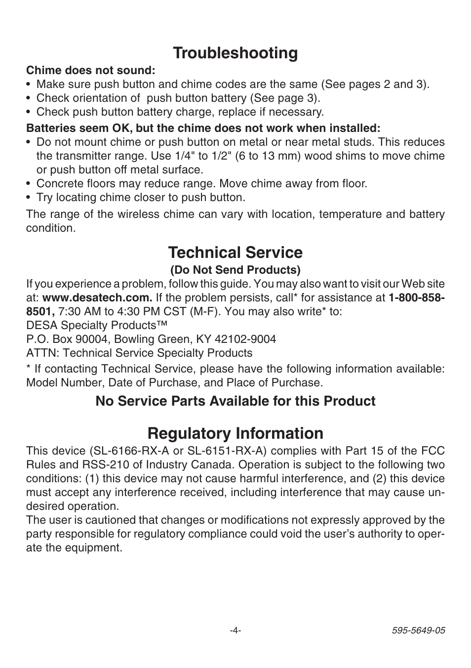 Troubleshooting, Regulatory information, Technical service | Heath Zenith SL-6143 User Manual | Page 4 / 16