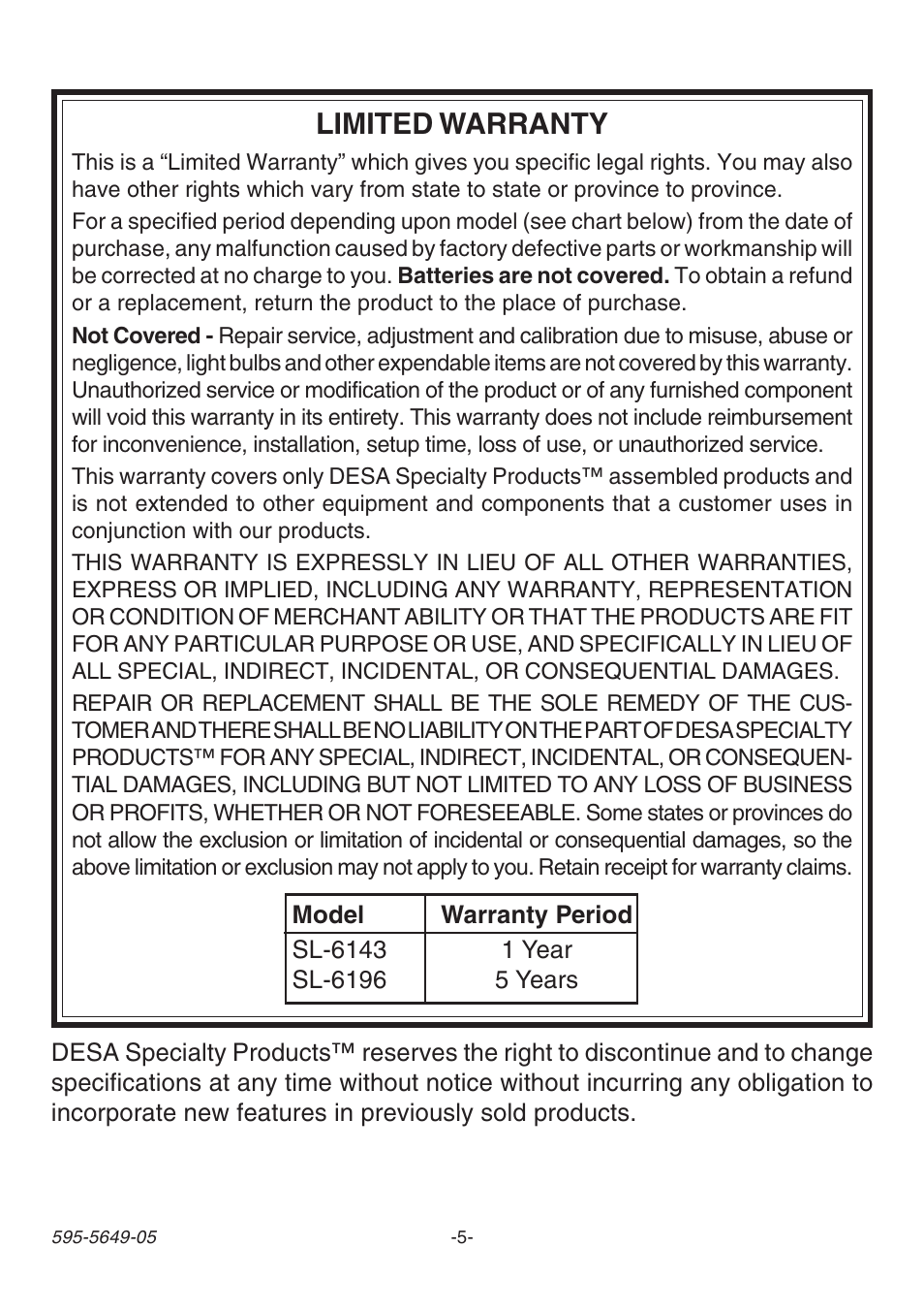 Limited warranty | Heath Zenith SL-6143 User Manual | Page 5 / 16