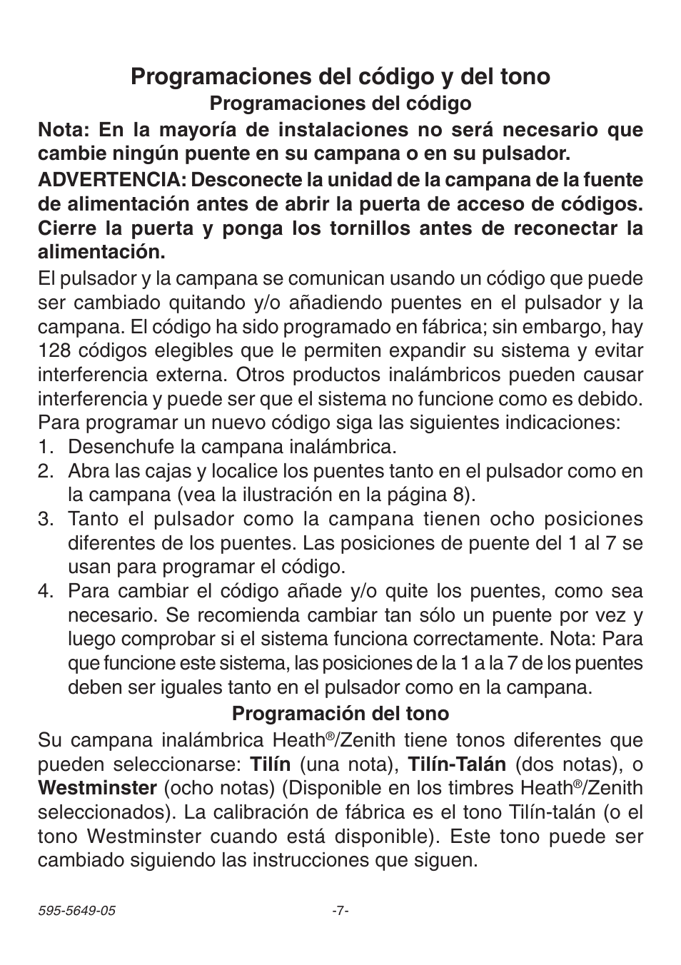 Programaciones del código y del tono | Heath Zenith SL-6143 User Manual | Page 7 / 16