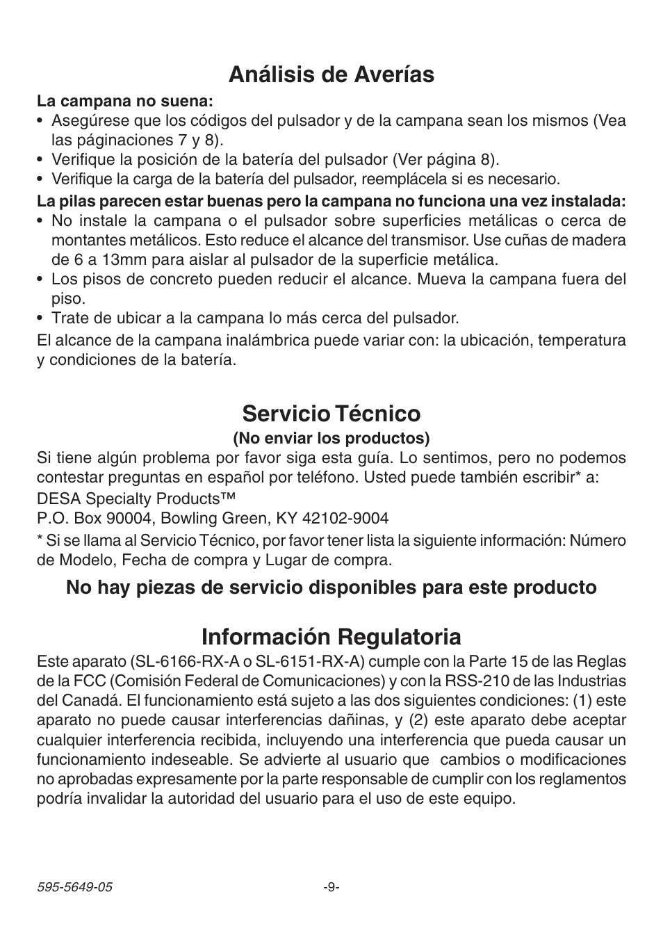 Análisis de averías, Información regulatoria, Servicio técnico | Heath Zenith SL-6143 User Manual | Page 9 / 16