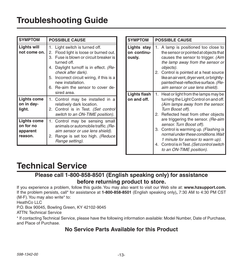 Troubleshooting guide technical service, No service parts available for this product | Heath Zenith Secure Home UT-9260-BZ User Manual | Page 13 / 42