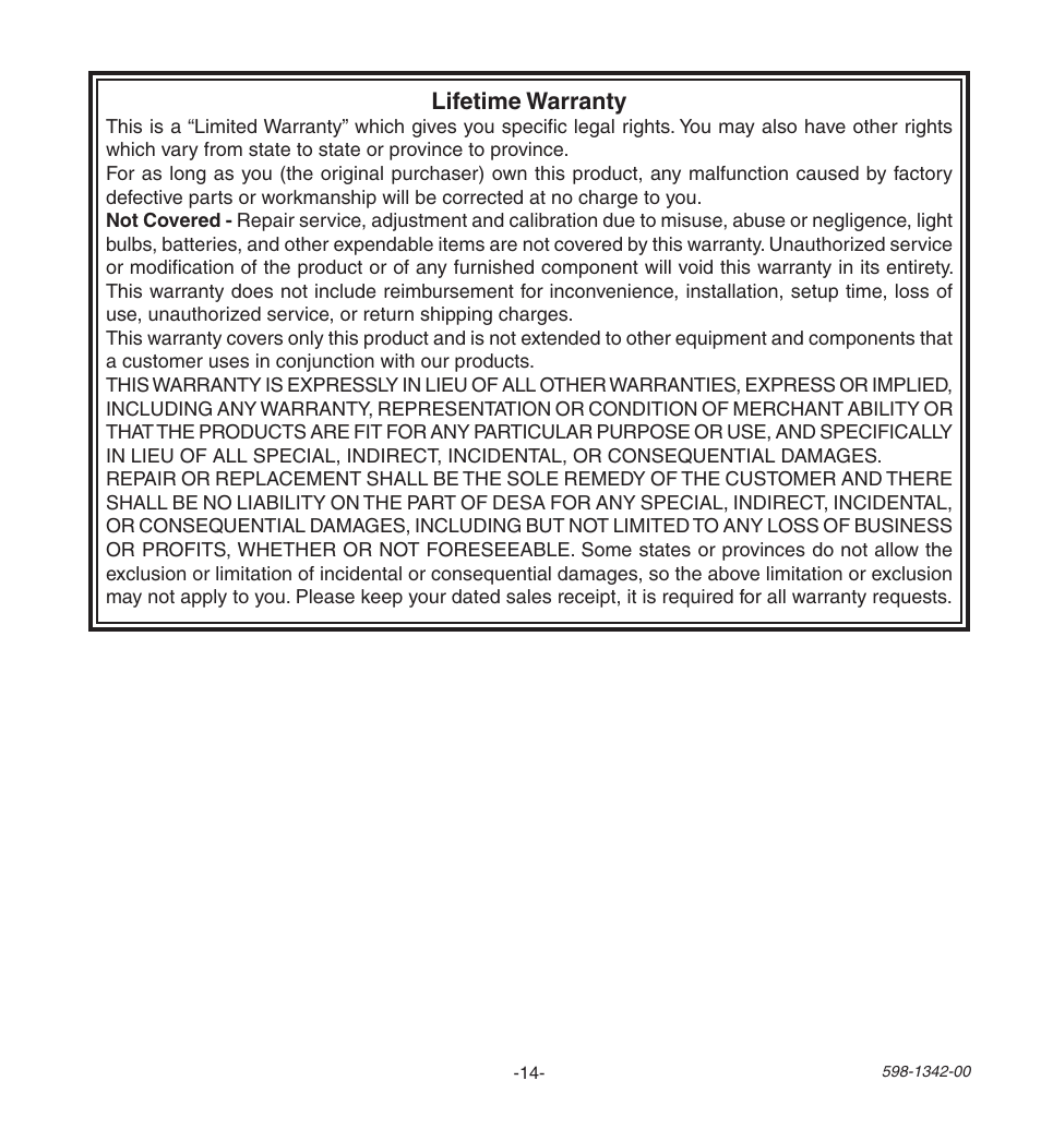 Lifetime warranty | Heath Zenith Secure Home UT-9260-BZ User Manual | Page 14 / 42