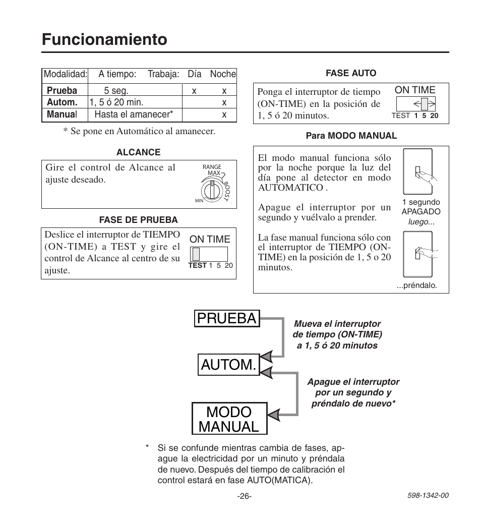 Funcionamiento, Prueba autom. modo manual | Heath Zenith Secure Home UT-9260-BZ User Manual | Page 26 / 42