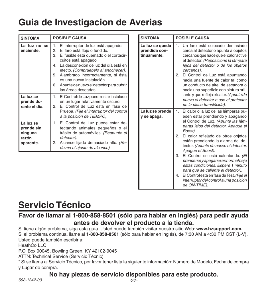 Guia de investigacion de averias, Servicio técnico | Heath Zenith Secure Home UT-9260-BZ User Manual | Page 27 / 42
