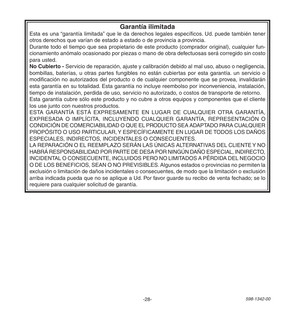 Garantía ilimitada | Heath Zenith Secure Home UT-9260-BZ User Manual | Page 28 / 42