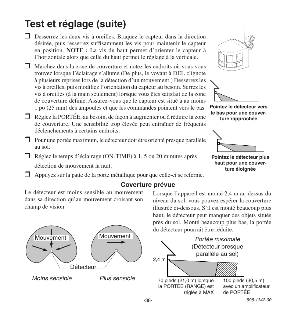Test et réglage (suite) | Heath Zenith Secure Home UT-9260-BZ User Manual | Page 38 / 42