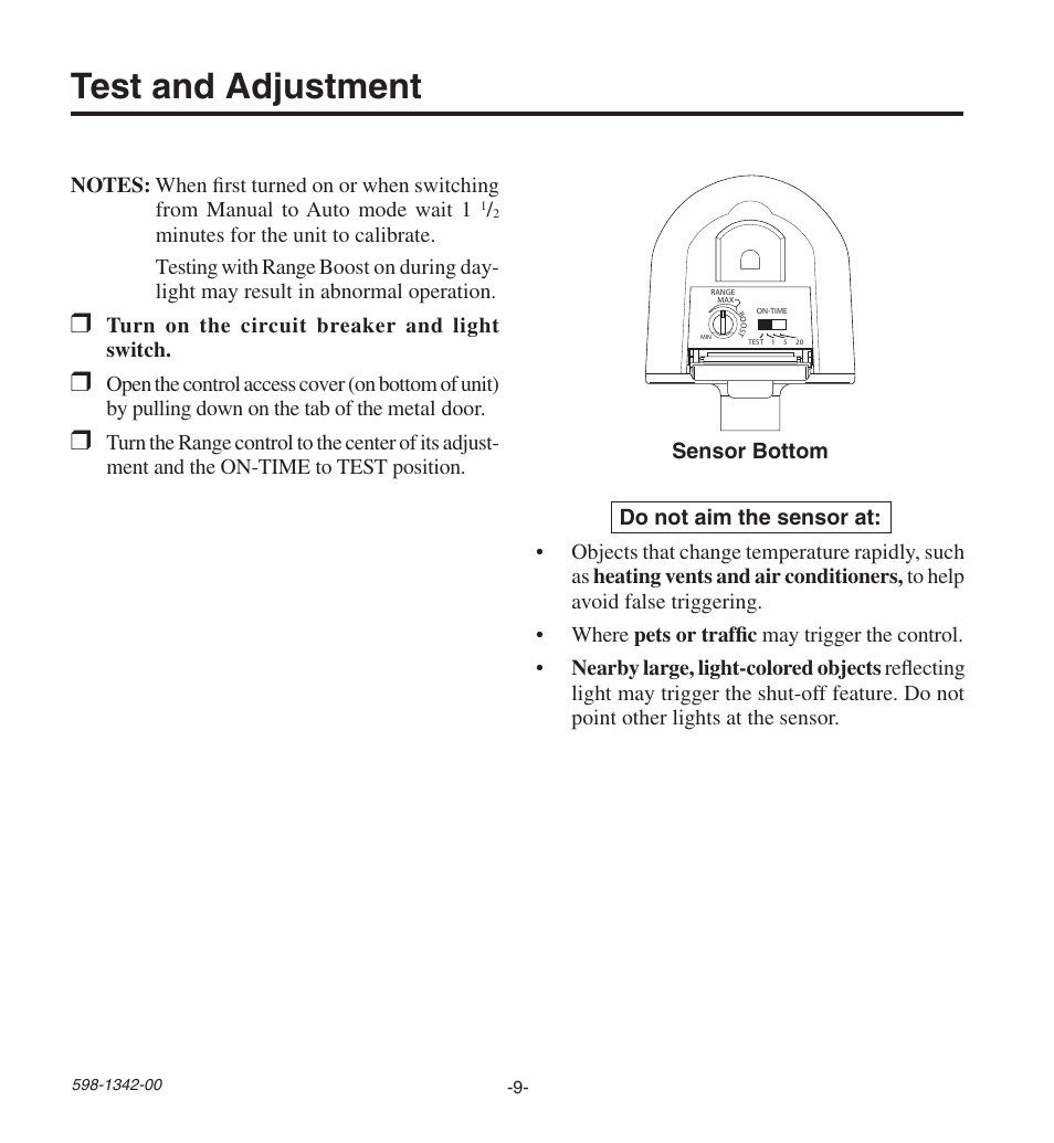 Test and adjustment | Heath Zenith Secure Home UT-9260-BZ User Manual | Page 9 / 42