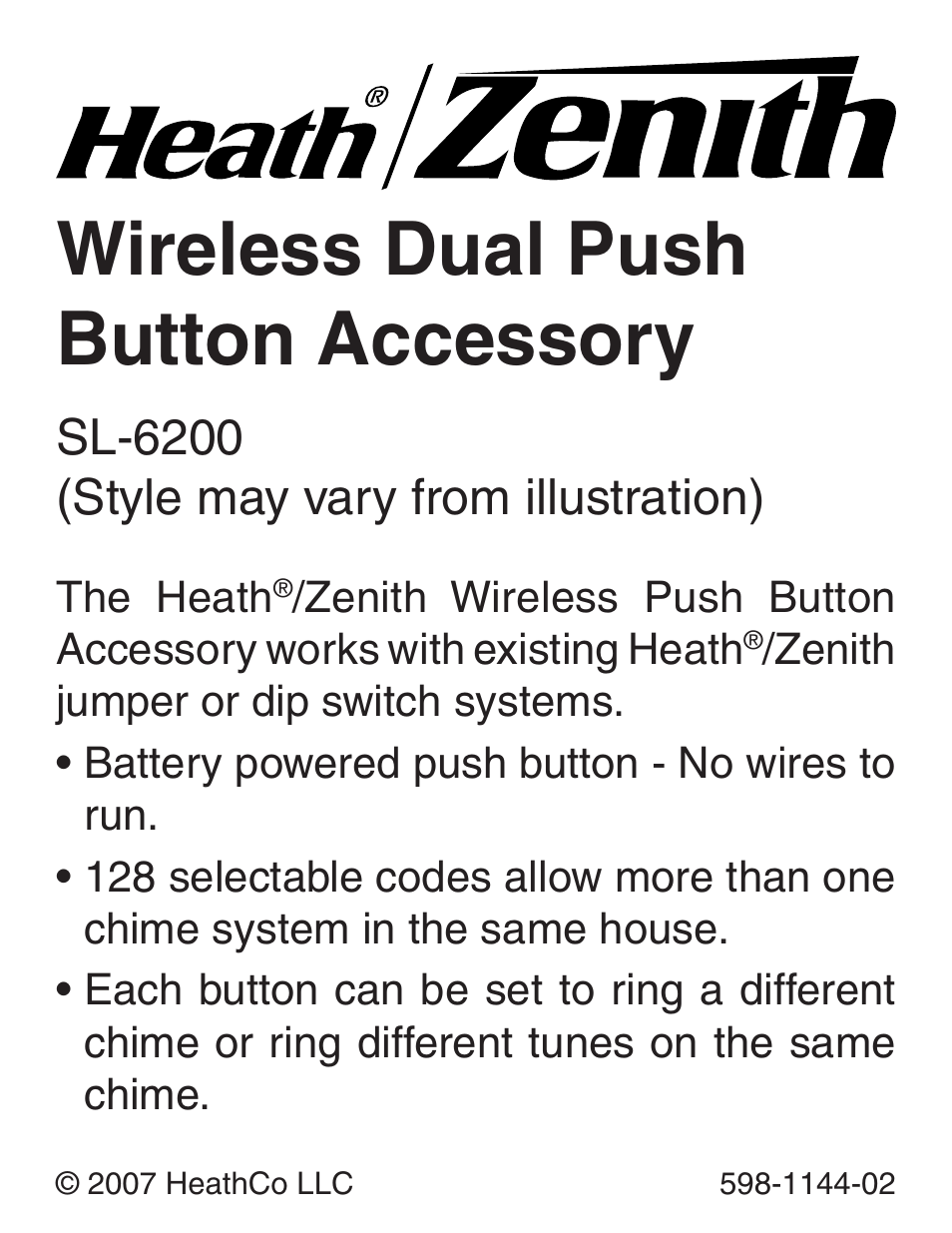 Heath Zenith Wireless Dual Push Button Accessory SL-6200 User Manual | 24 pages