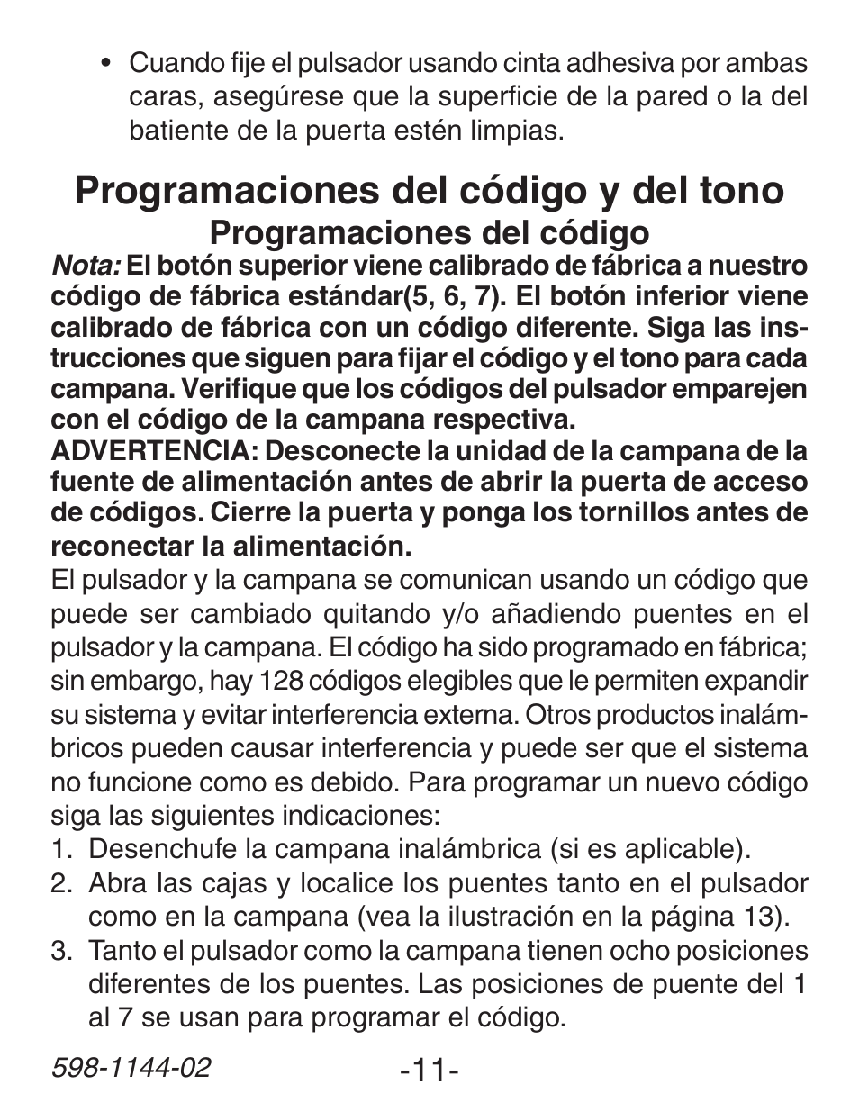Programaciones del código y del tono | Heath Zenith Wireless Dual Push Button Accessory SL-6200 User Manual | Page 11 / 24