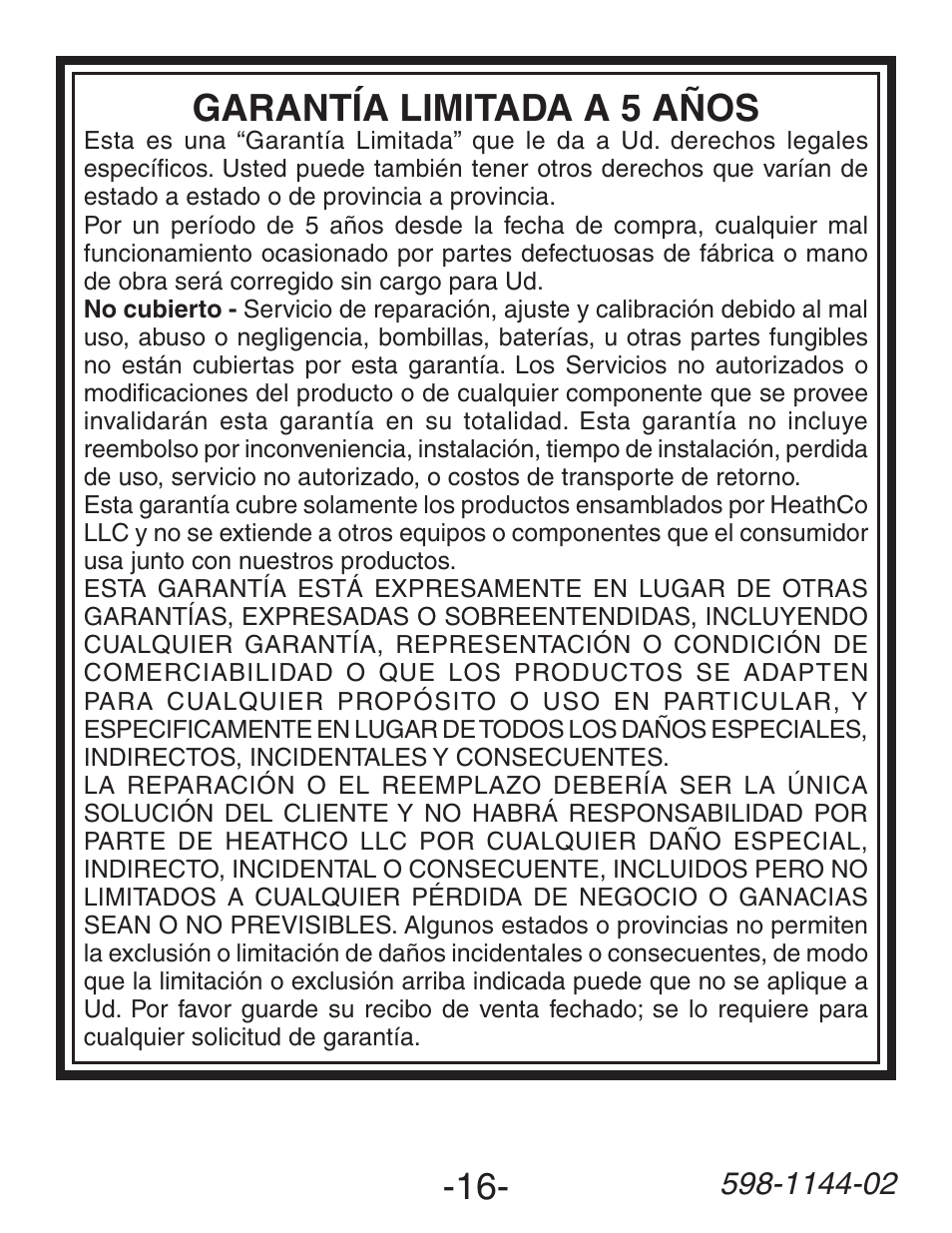 Garantía limitada a 5 años | Heath Zenith Wireless Dual Push Button Accessory SL-6200 User Manual | Page 16 / 24