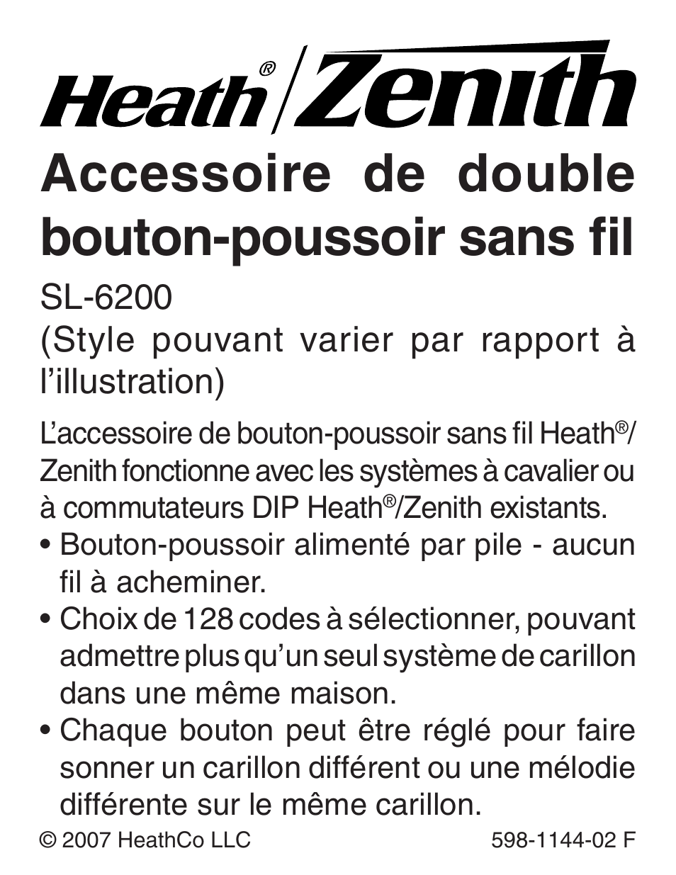 Accessoire de double bouton-poussoir sans fil | Heath Zenith Wireless Dual Push Button Accessory SL-6200 User Manual | Page 17 / 24